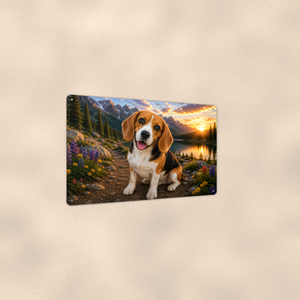 Beagle at the Lake aluminum metal sign 12" x 8" - angled view showing glossy finish