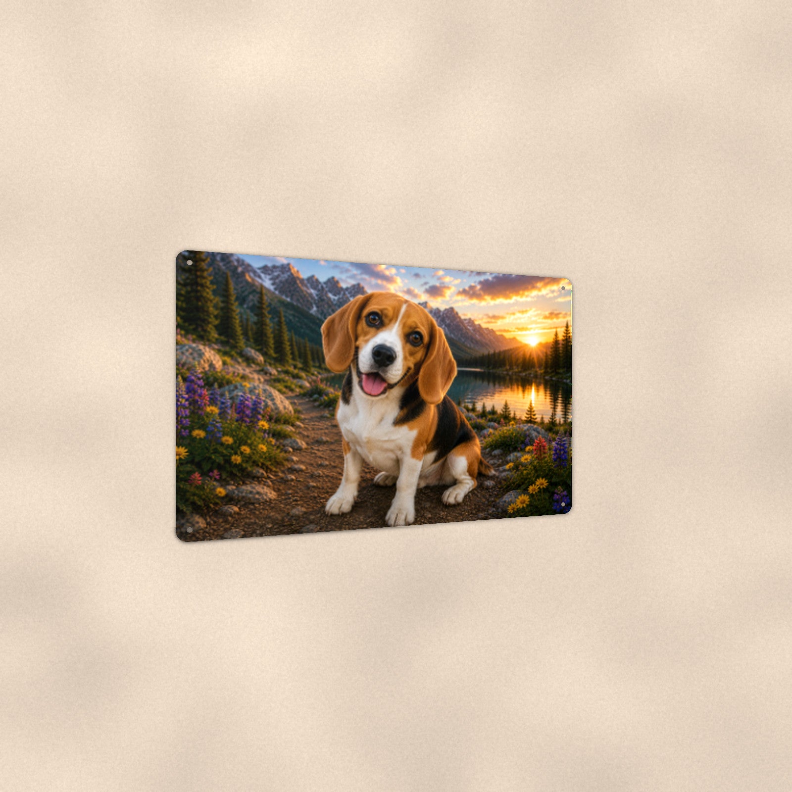 Beagle at the Lake aluminum metal sign 12" x 8" - angled view showing glossy finish
