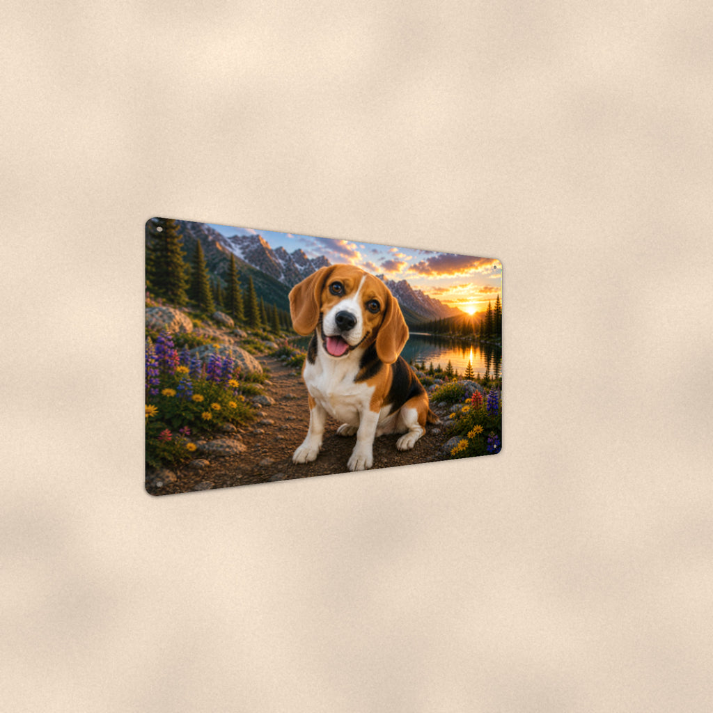 Beagle at the Lake aluminum metal sign 12" x 8" - angled wall view from a wider angle