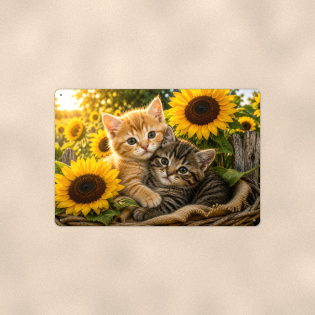 Kittens in the Sunflowers aluminum metal sign 12" x 8" - front view on warm wall
