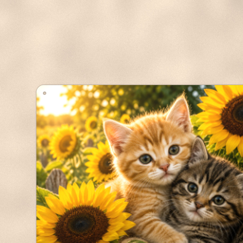Kittens in the Sunflowers aluminum metal sign 12" x 8" - close-up view of the printed artwork