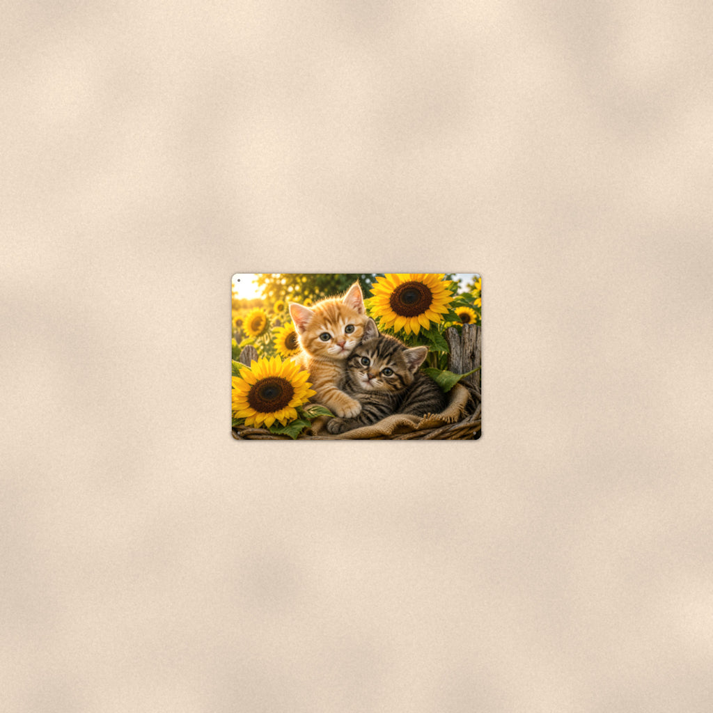 Kittens in the Sunflowers aluminum metal sign 12" x 8" - room view on warm wall