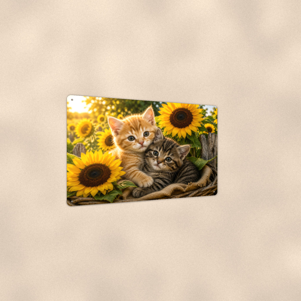 Kittens in the Sunflowers aluminum metal sign 12" x 8" - angled view showing glossy finish