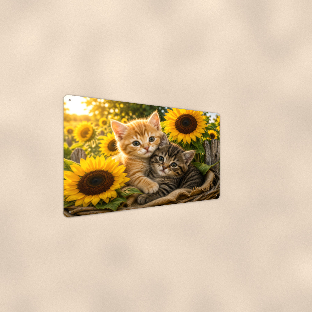 Kittens in the Sunflowers aluminum metal sign 12" x 8" - angled wall view from a wider angle