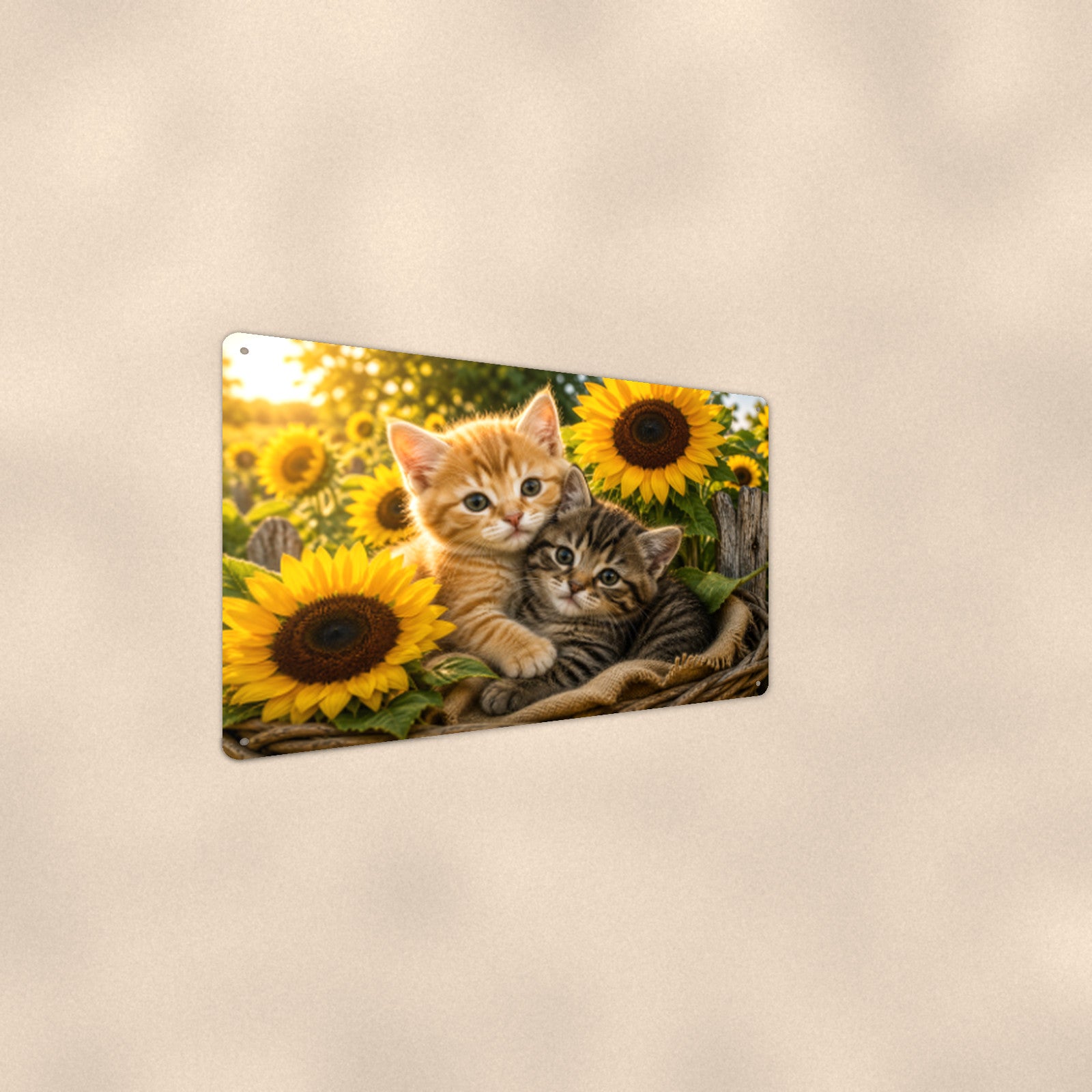 Kittens in the Sunflowers aluminum metal sign 12" x 8" - angled wall view from a wider angle
