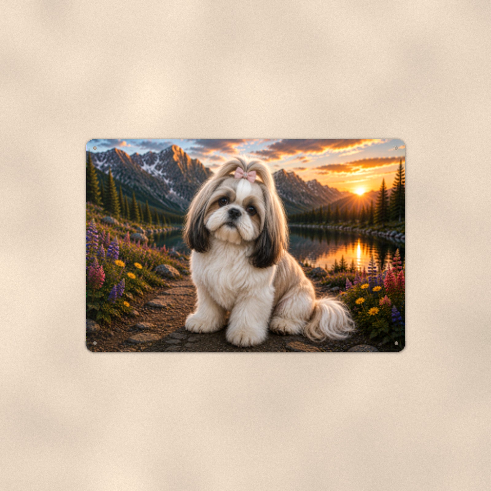 Shih Tzu Mountain Lake aluminum metal sign 12" x 8" - front view on warm wall