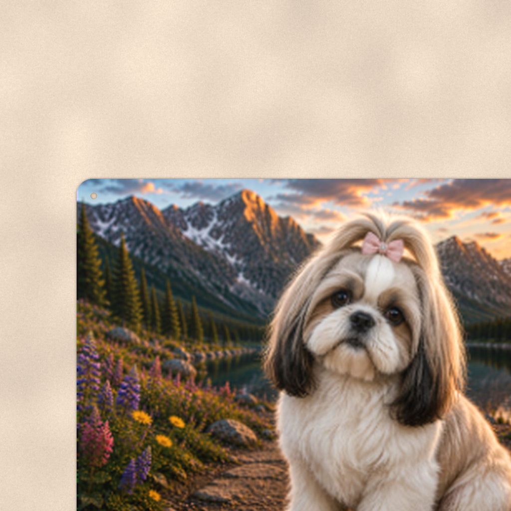 Shih Tzu Mountain Lake aluminum metal sign 12" x 8" - close-up view of the printed artwork