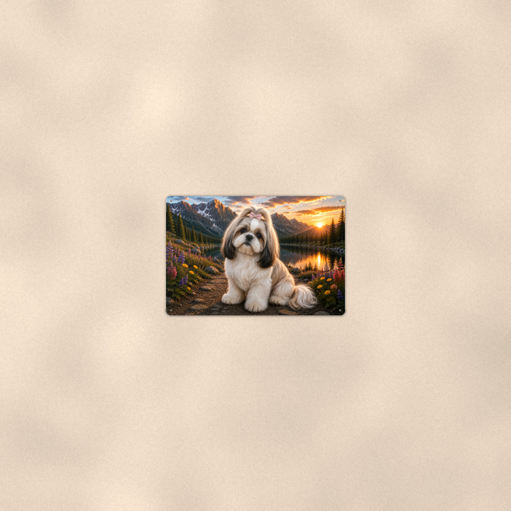Shih Tzu Mountain Lake aluminum metal sign 12" x 8" - room view on warm wall