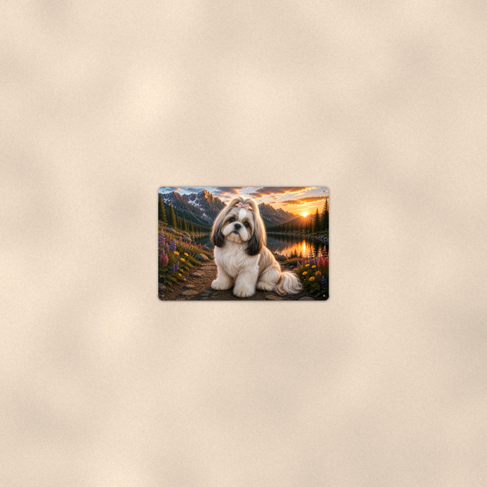 Shih Tzu Mountain Lake aluminum metal sign 12" x 8" - room view on warm wall