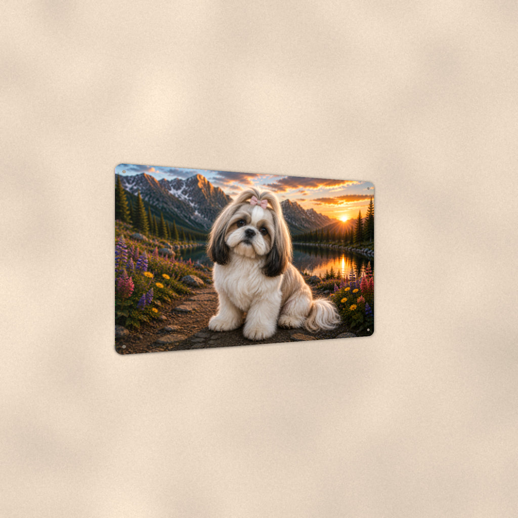 Shih Tzu Mountain Lake aluminum metal sign 12" x 8" - angled view showing glossy finish