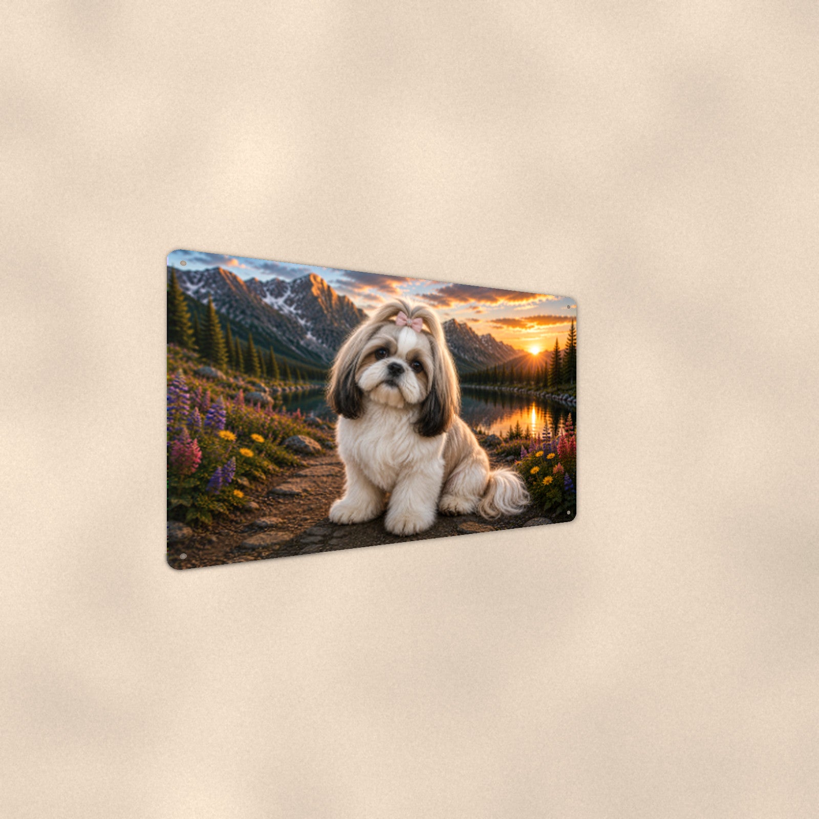 Shih Tzu Mountain Lake aluminum metal sign 12" x 8" - angled wall view from a wider angle