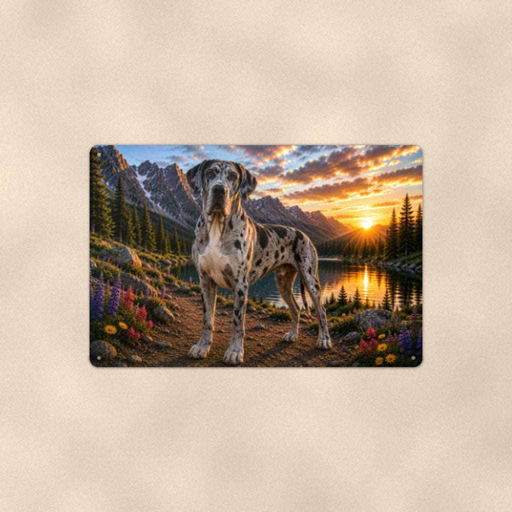 Great Dane Mountain Lake aluminum metal sign 12" x 8" - front view on warm wall
