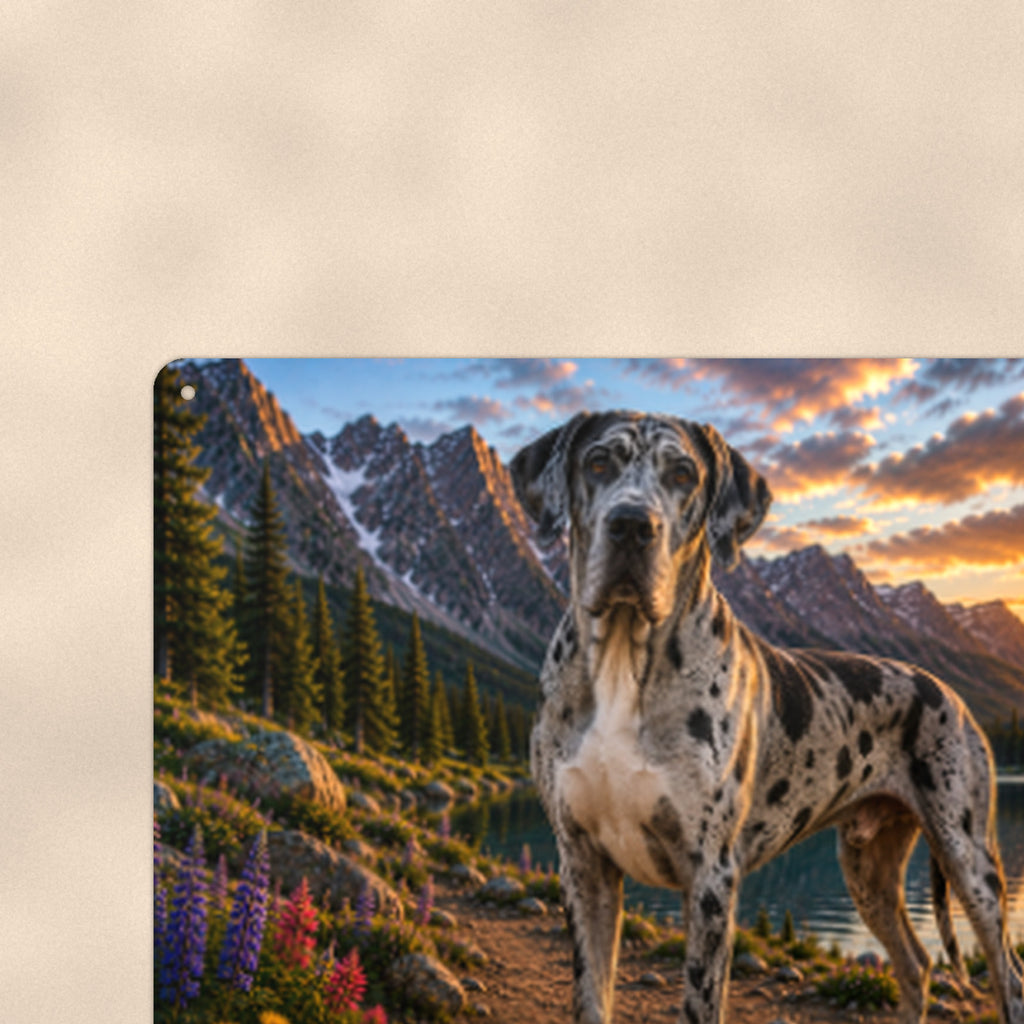 Great Dane Mountain Lake aluminum metal sign 12" x 8" - close-up view of the printed artwork