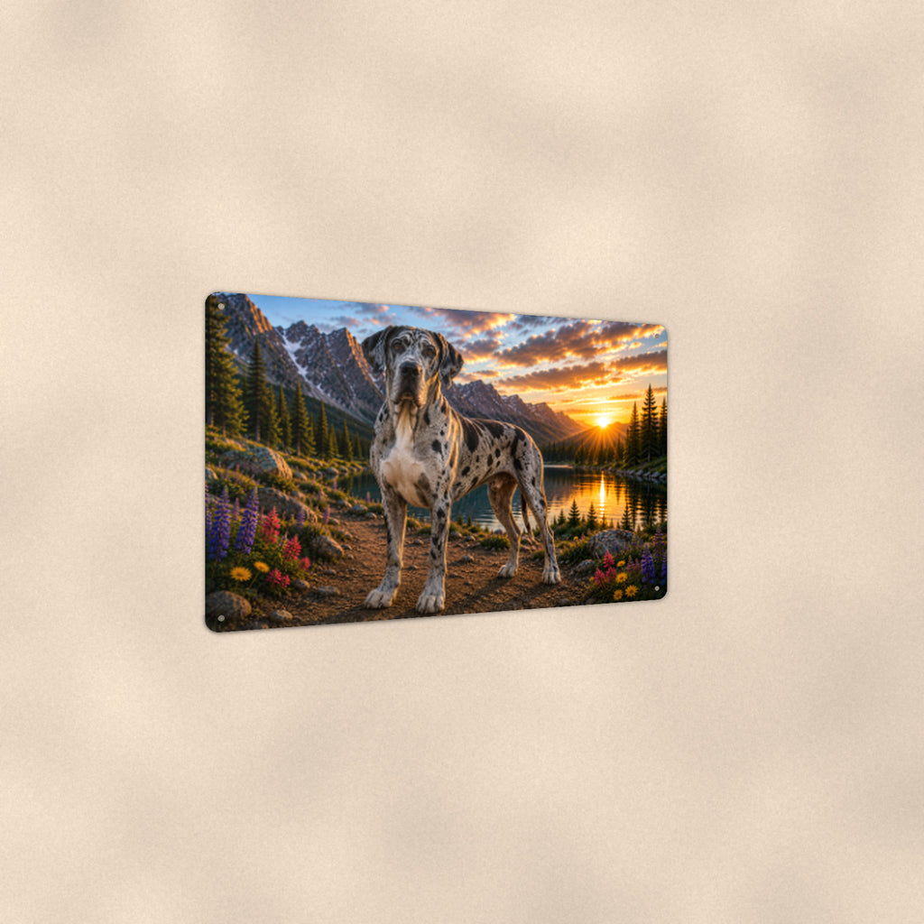 Great Dane Mountain Lake aluminum metal sign 12" x 8" - angled view showing glossy finish