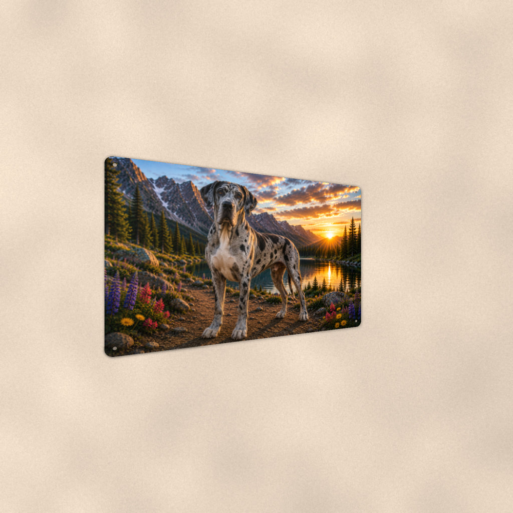 Great Dane Mountain Lake aluminum metal sign 12" x 8" - angled wall view from a wider angle