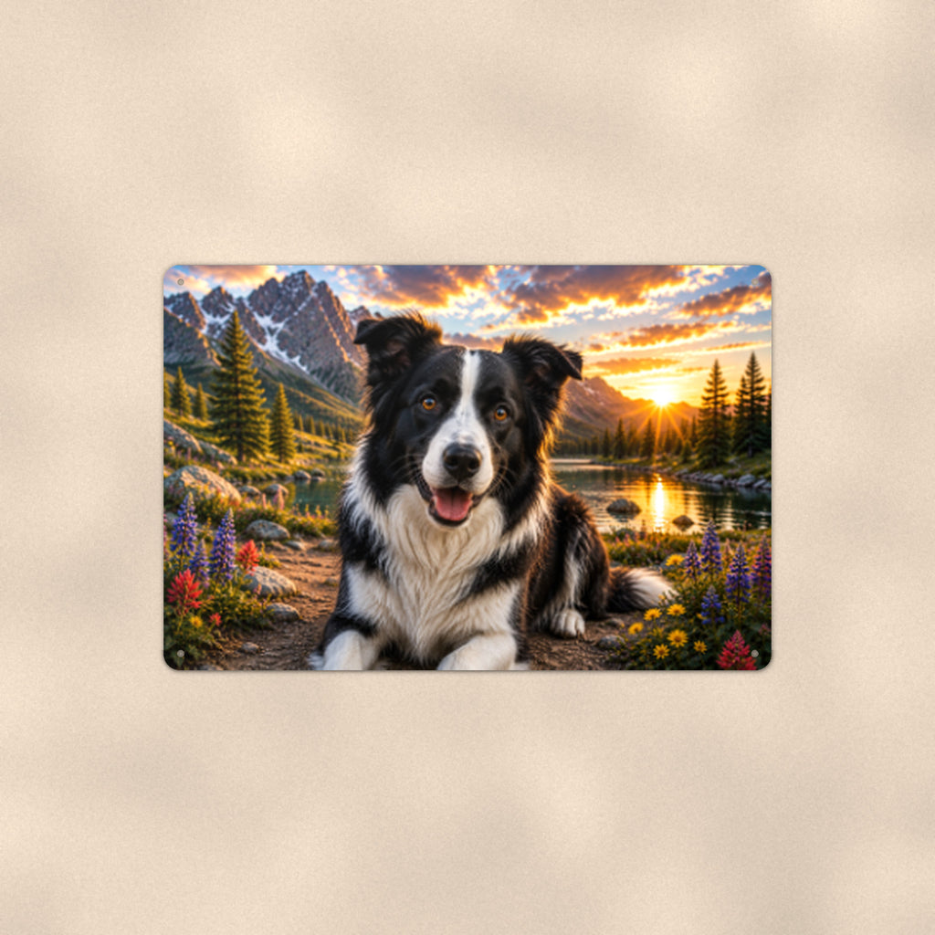 Border Collie Mountain Lake aluminum metal sign 12" x 8" - front view on warm wall