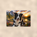 Border Collie Mountain Lake aluminum metal sign 12" x 8" - front view on warm wall