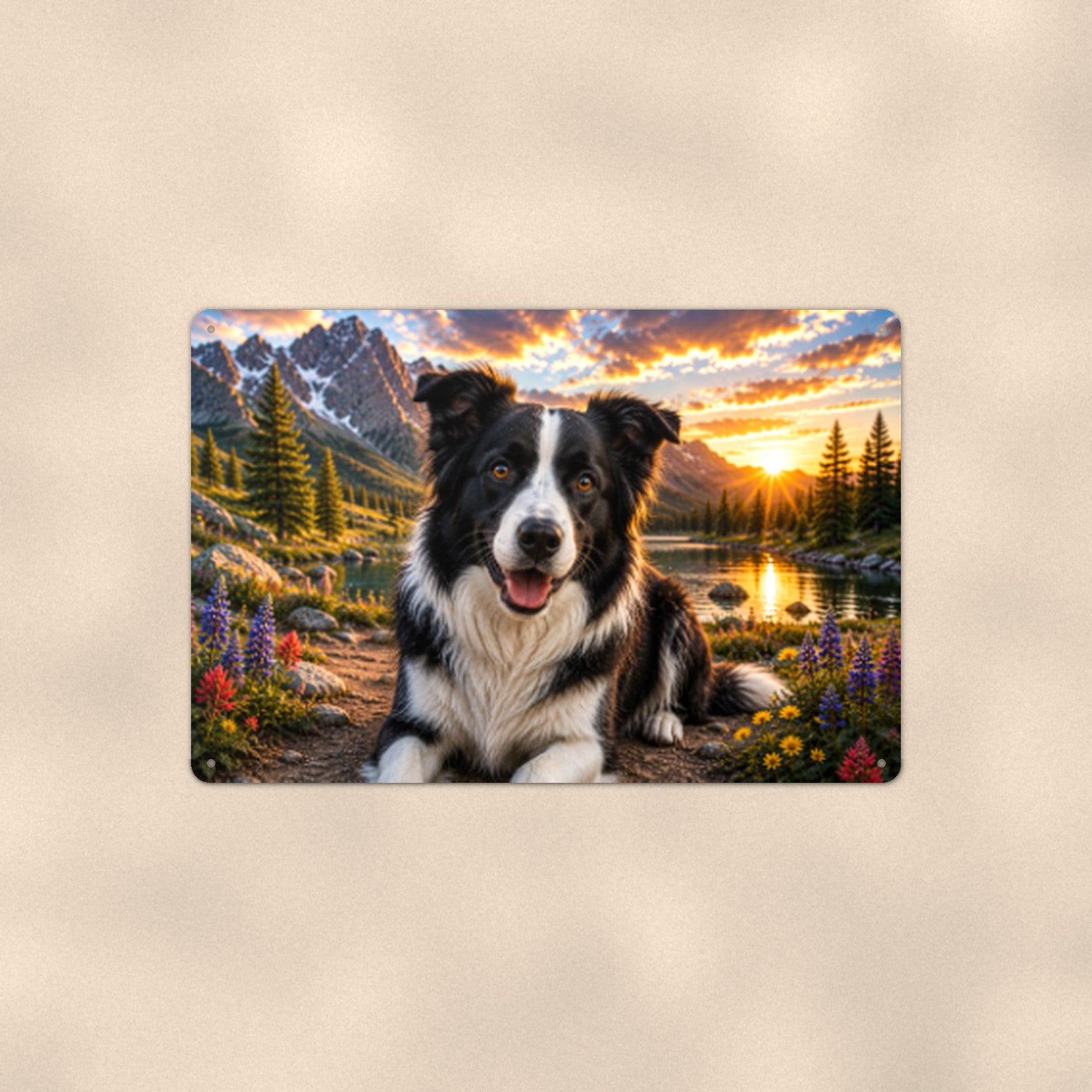 Border Collie Mountain Lake aluminum metal sign 12" x 8" - front view on warm wall