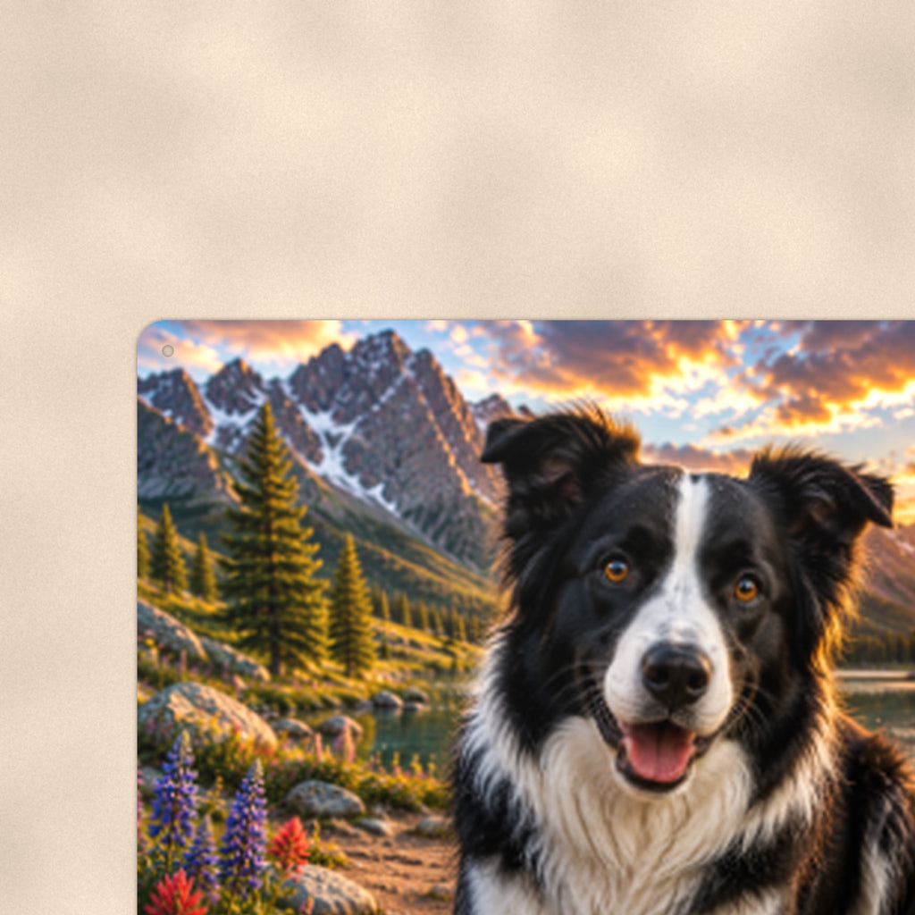 Border Collie Mountain Lake aluminum metal sign 12" x 8" - close-up view of the printed artwork