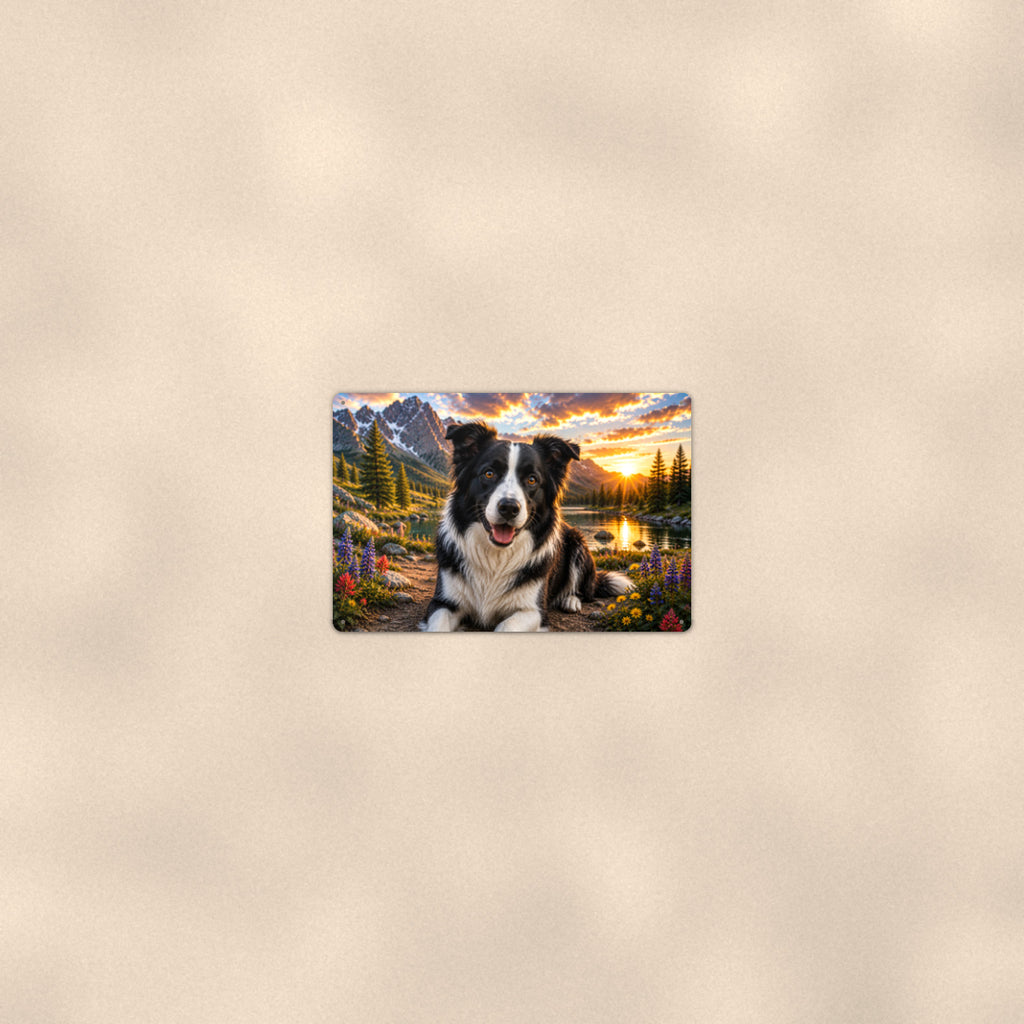 Border Collie Mountain Lake aluminum metal sign 12" x 8" - room view on warm wall