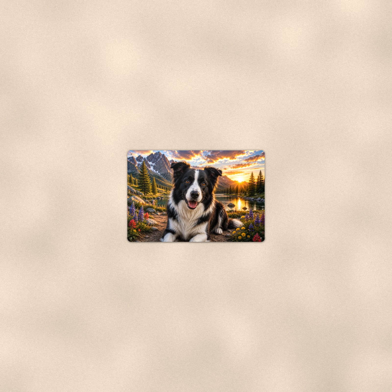 Border Collie Mountain Lake aluminum metal sign 12" x 8" - room view on warm wall