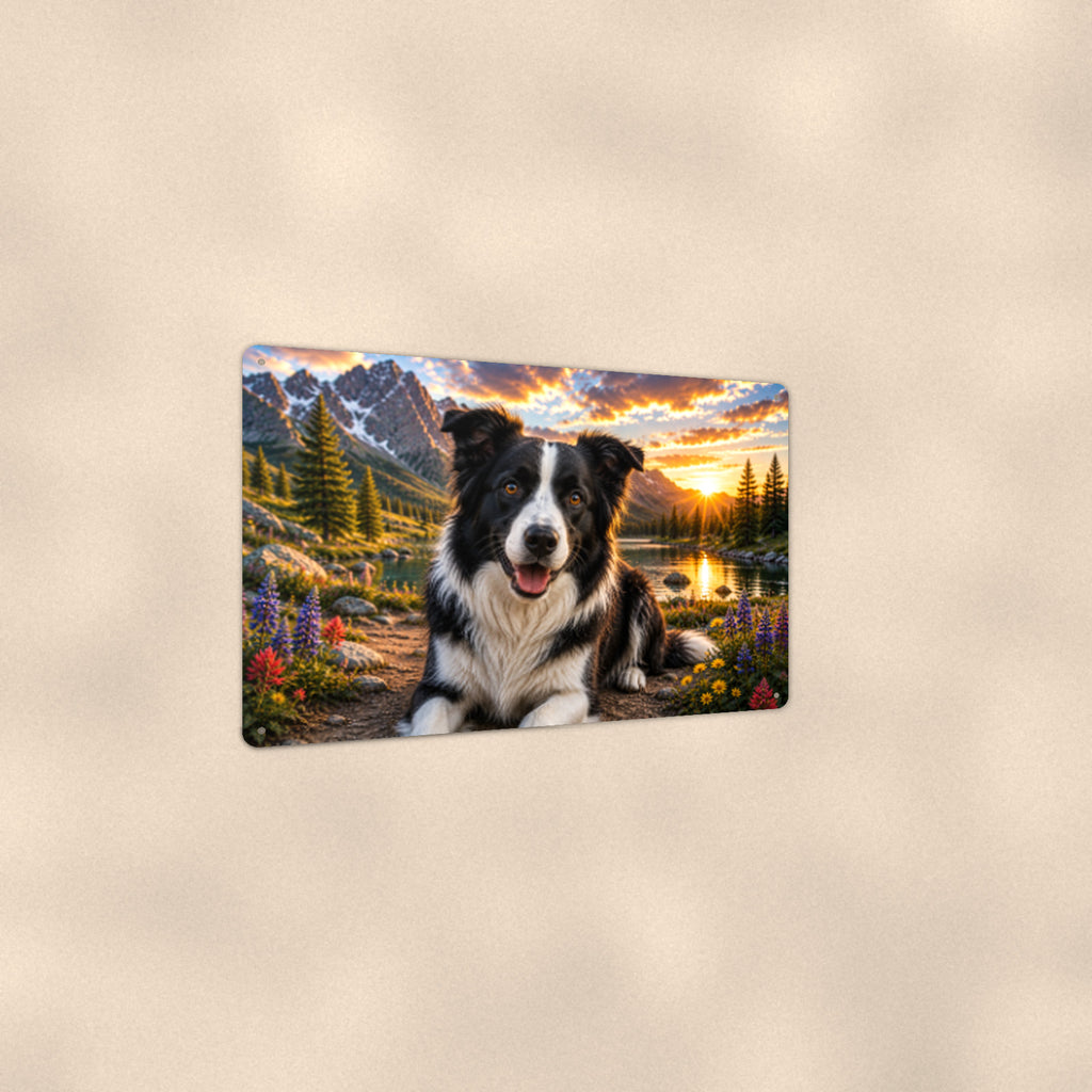 Border Collie Mountain Lake aluminum metal sign 12" x 8" - angled view showing glossy finish