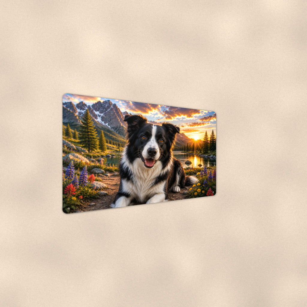 Border Collie Mountain Lake aluminum metal sign 12" x 8" - angled wall view from a wider angle