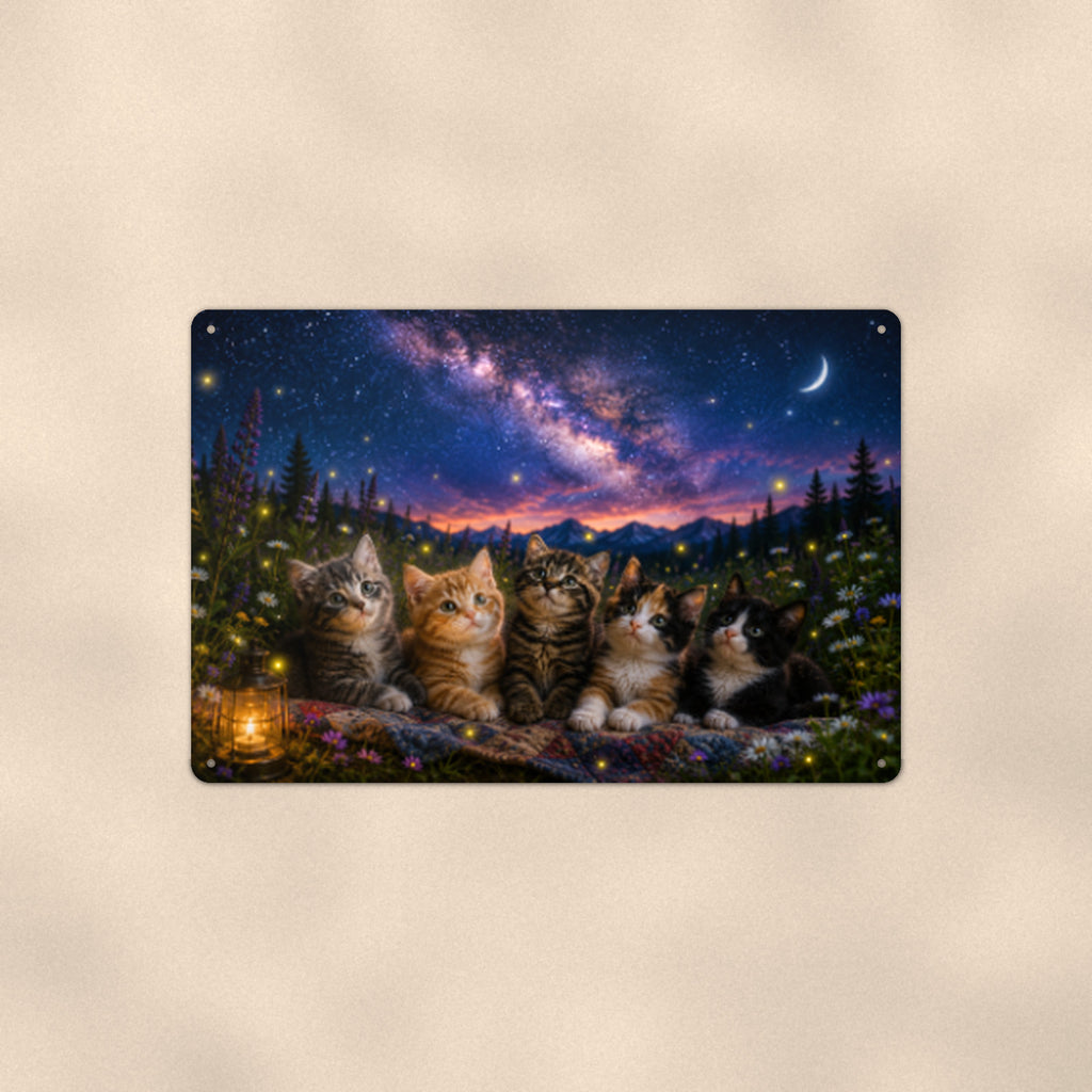 Kittens Under the Stars aluminum metal sign 12" x 8" - front view on warm wall