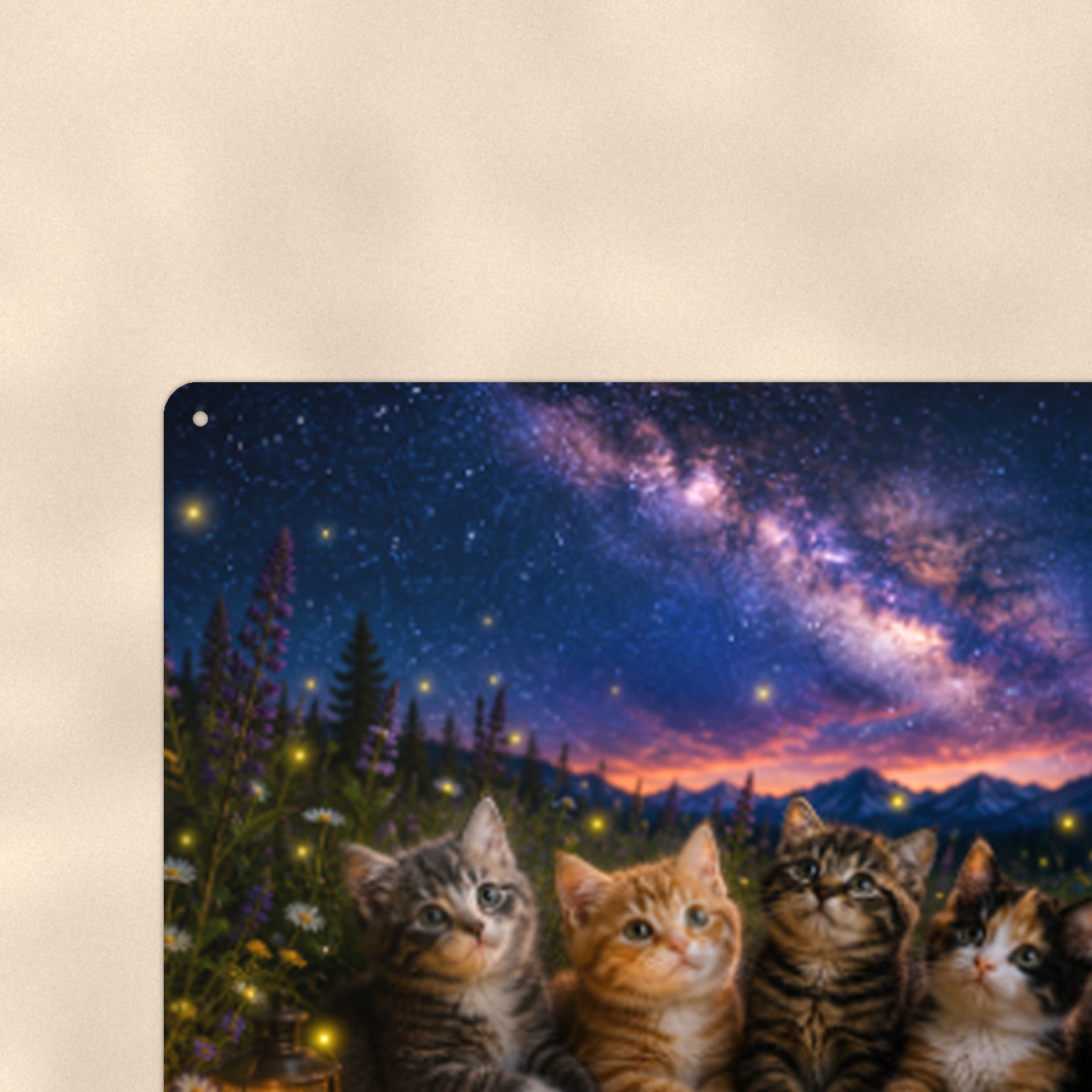 Kittens Under the Stars aluminum metal sign 12" x 8" - close-up view of the printed artwork