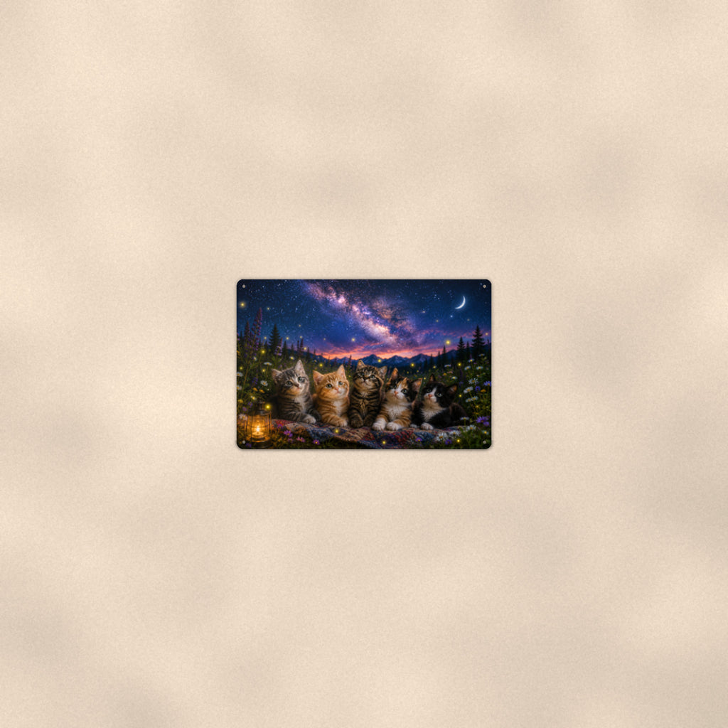 Kittens Under the Stars aluminum metal sign 12" x 8" - room view on warm wall