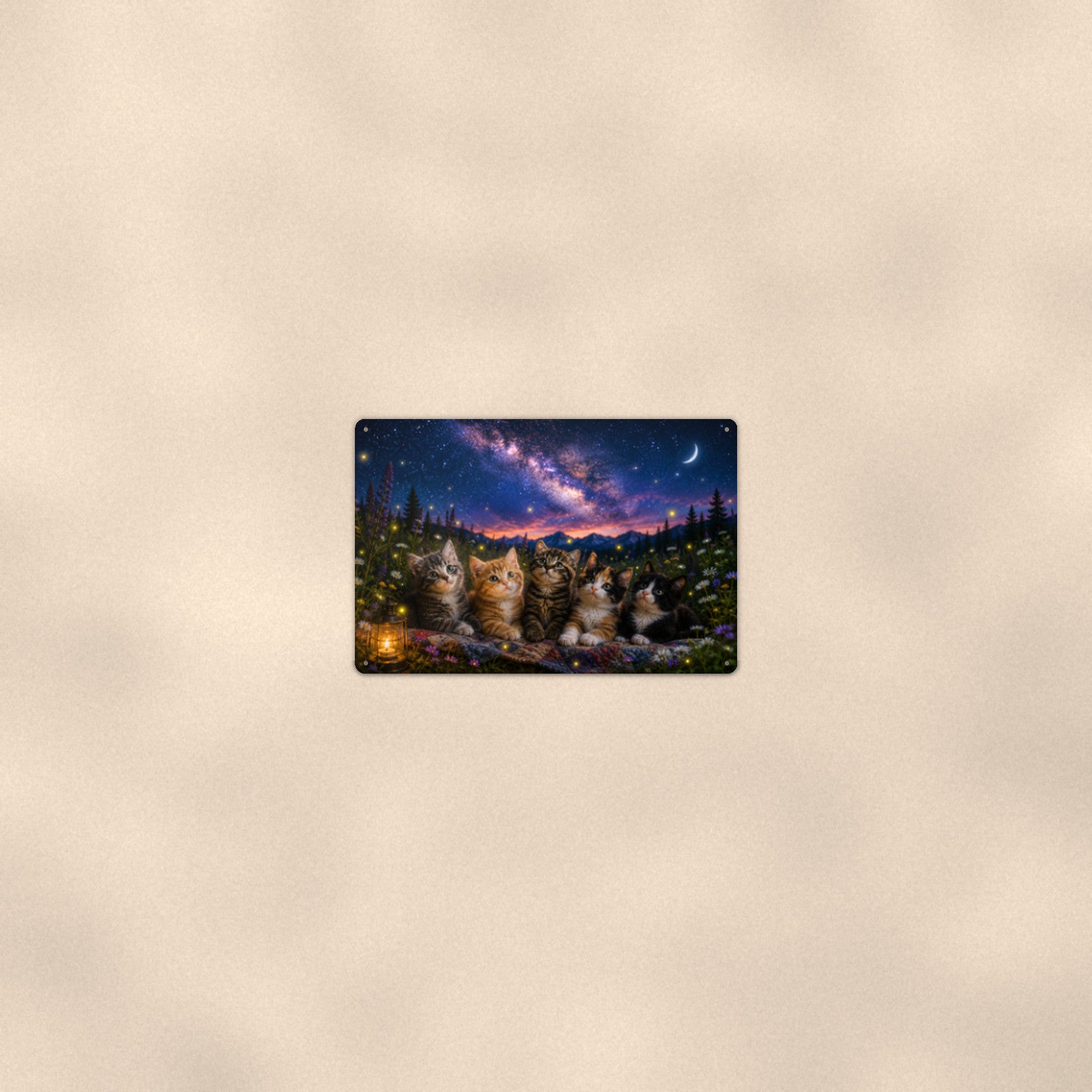 Kittens Under the Stars aluminum metal sign 12" x 8" - room view on warm wall