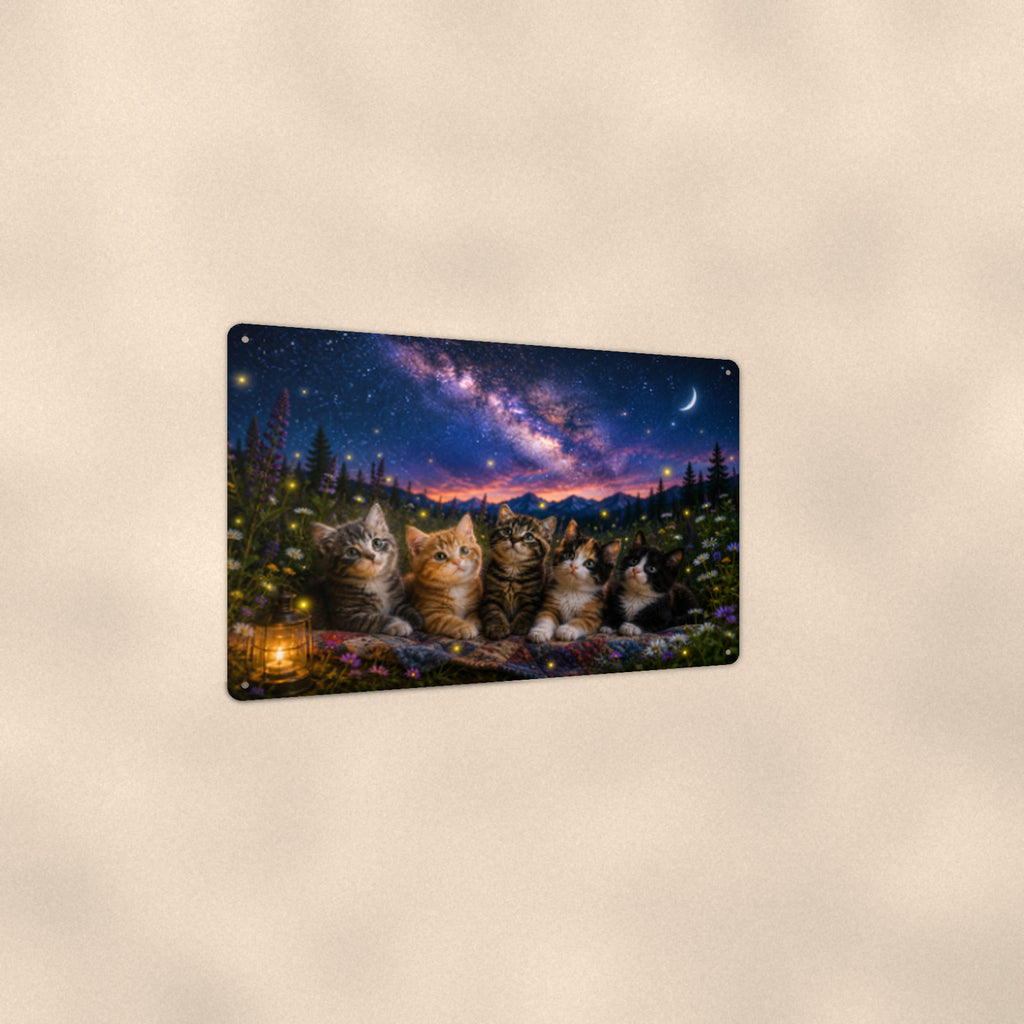 Kittens Under the Stars aluminum metal sign 12" x 8" - angled view showing glossy finish
