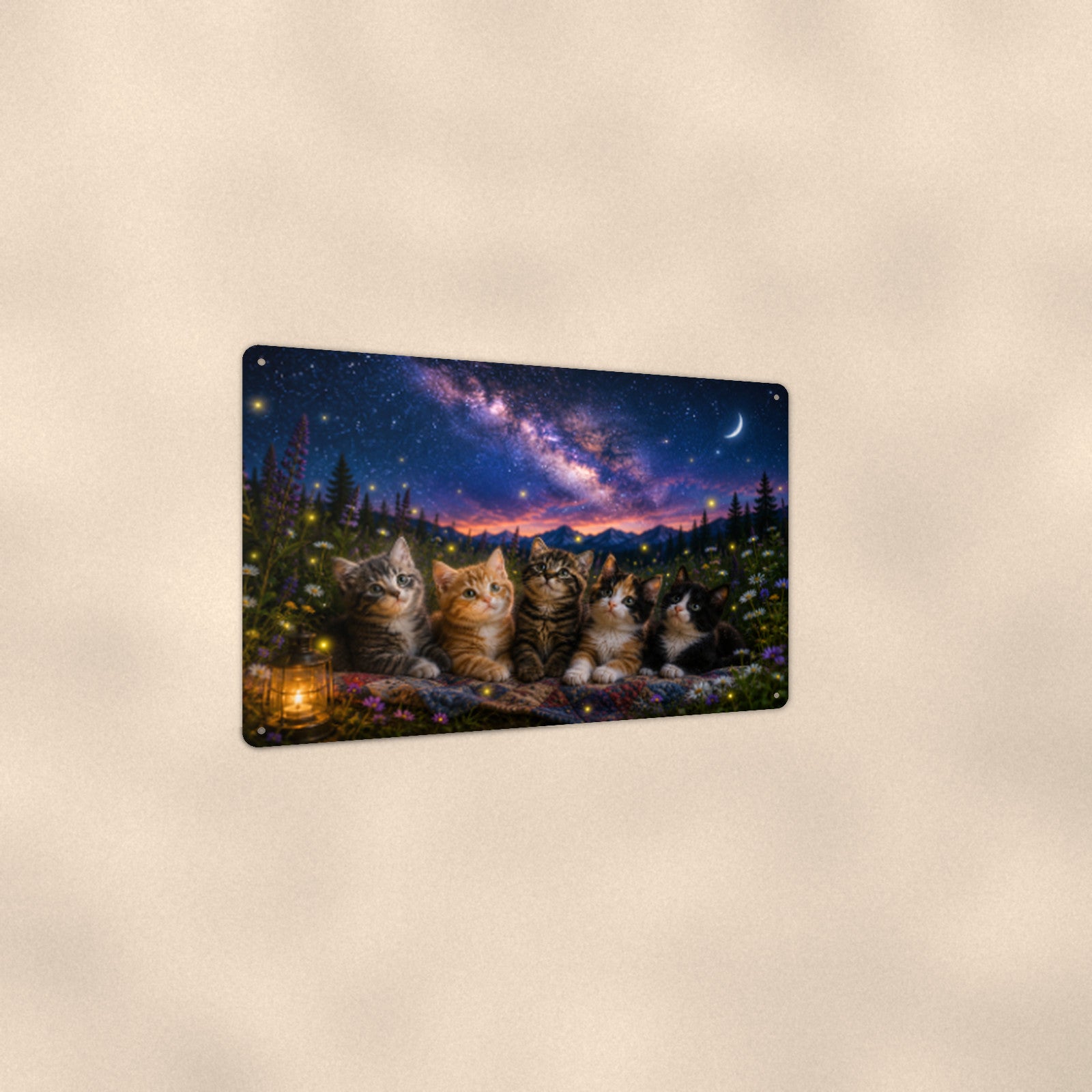 Kittens Under the Stars aluminum metal sign 12" x 8" - angled view showing glossy finish