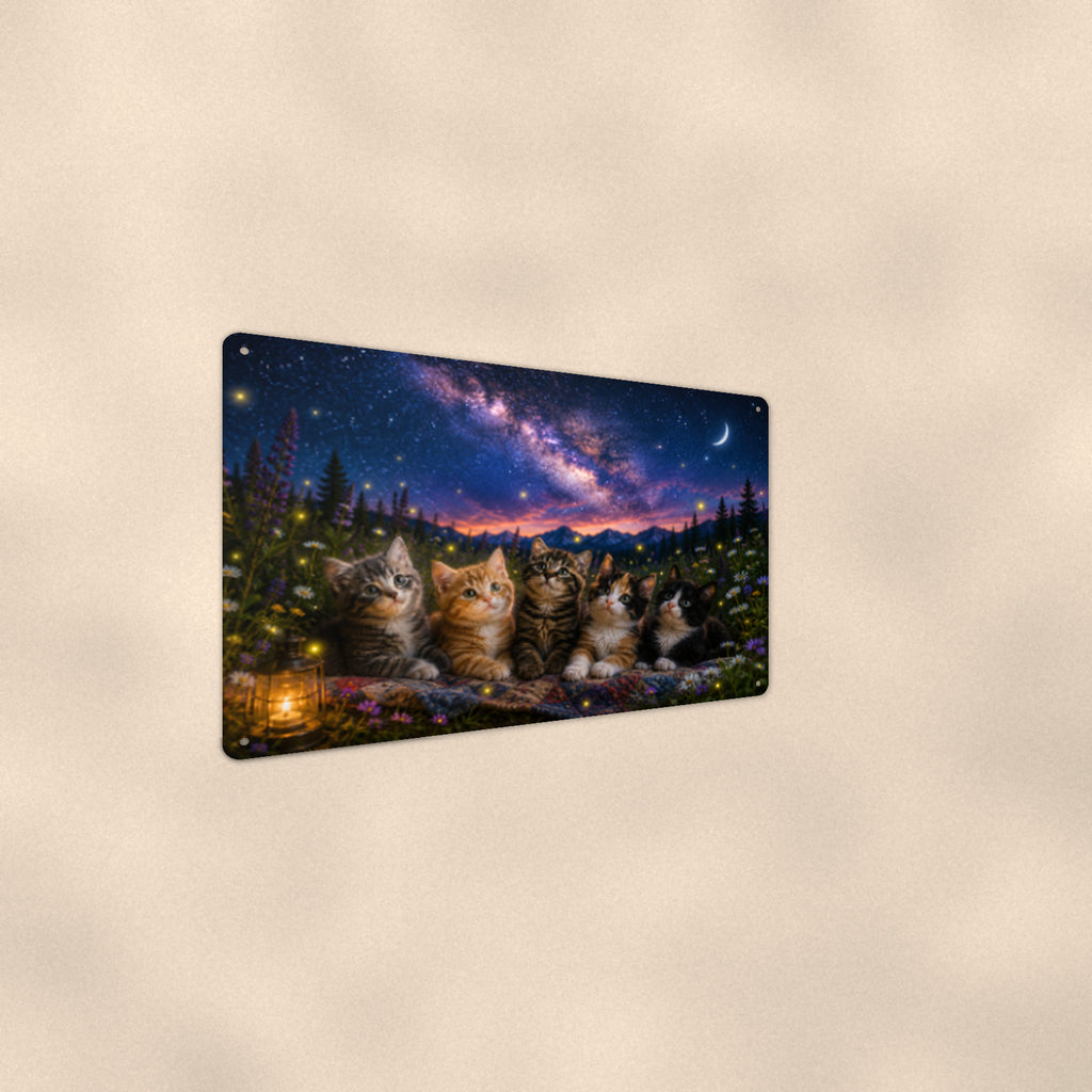 Kittens Under the Stars aluminum metal sign 12" x 8" - angled wall view from a wider angle