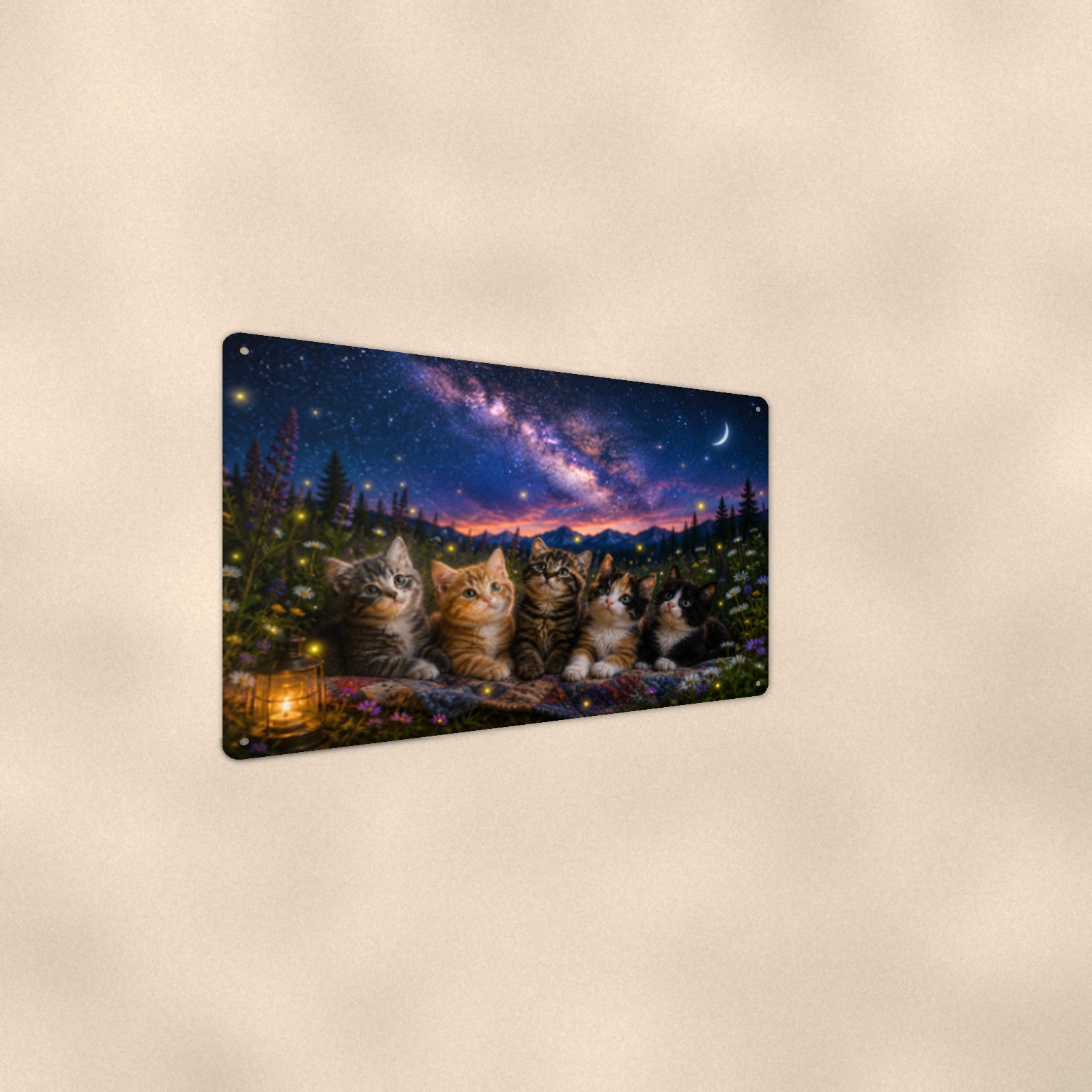 Kittens Under the Stars aluminum metal sign 12" x 8" - angled wall view from a wider angle