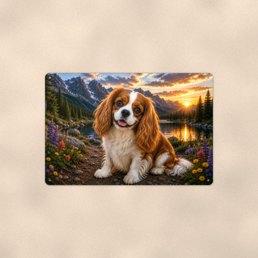 Cavalier King Charles Spaniel Lake aluminum metal sign 12" x 8" - front view on warm wall
