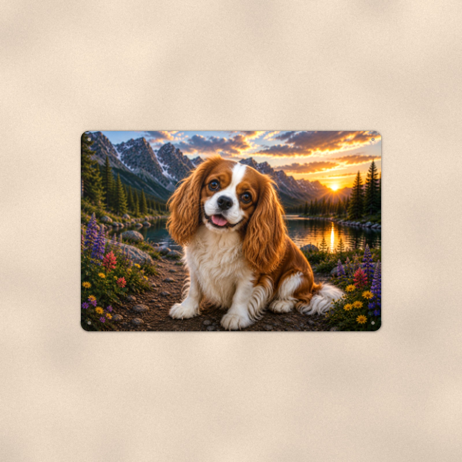 Cavalier King Charles Spaniel Lake aluminum metal sign 12" x 8" - front view on warm wall