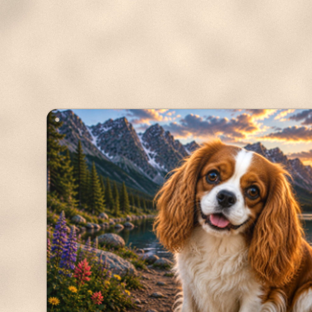 Cavalier King Charles Spaniel Lake aluminum metal sign 12" x 8" - close-up view of the printed artwork
