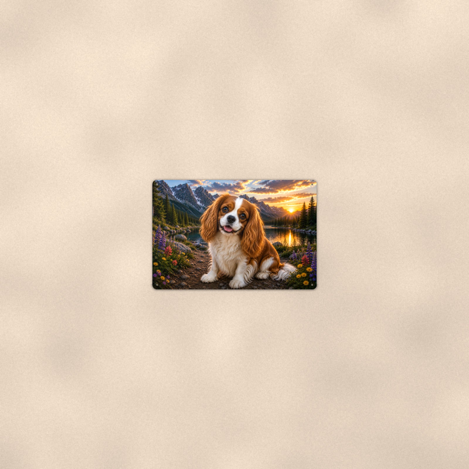 Cavalier King Charles Spaniel Lake aluminum metal sign 12" x 8" - room view on warm wall