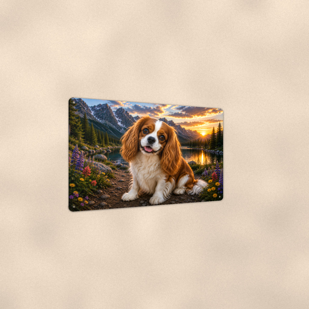 Cavalier King Charles Spaniel Lake aluminum metal sign 12" x 8" - angled view showing glossy finish