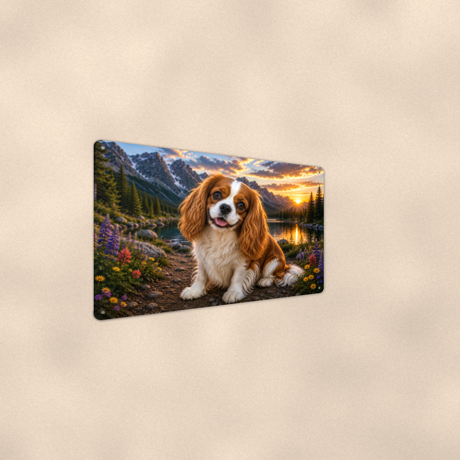 Cavalier King Charles Spaniel Lake aluminum metal sign 12" x 8" - angled wall view from a wider angle