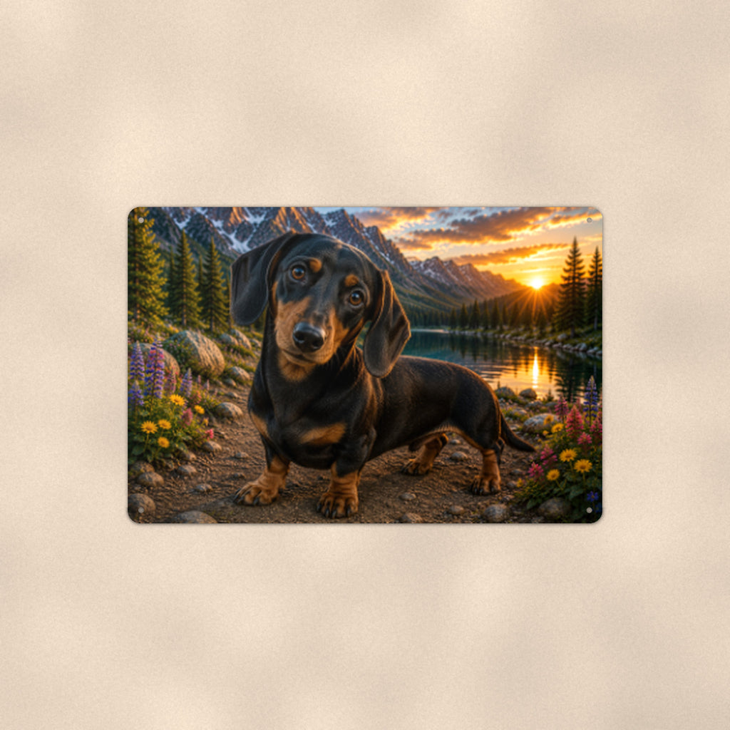 Dachshund at the Lake aluminum metal sign 12" x 8" - front view on warm wall