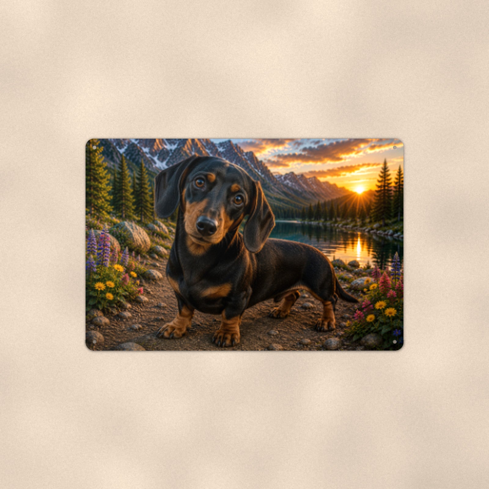 Dachshund at the Lake aluminum metal sign 12" x 8" - front view on warm wall