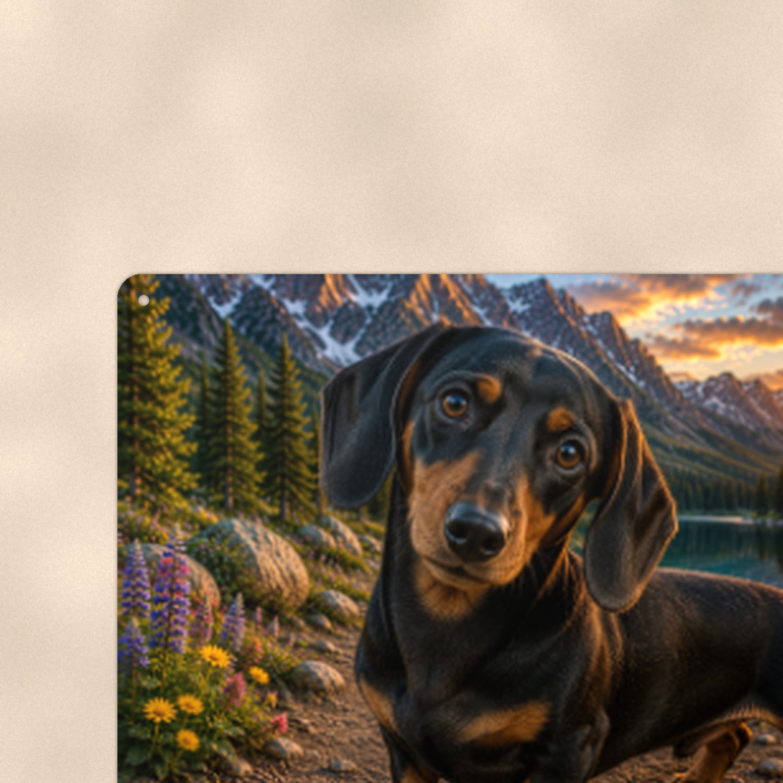 Dachshund at the Lake aluminum metal sign 12" x 8" - close-up view of the printed artwork