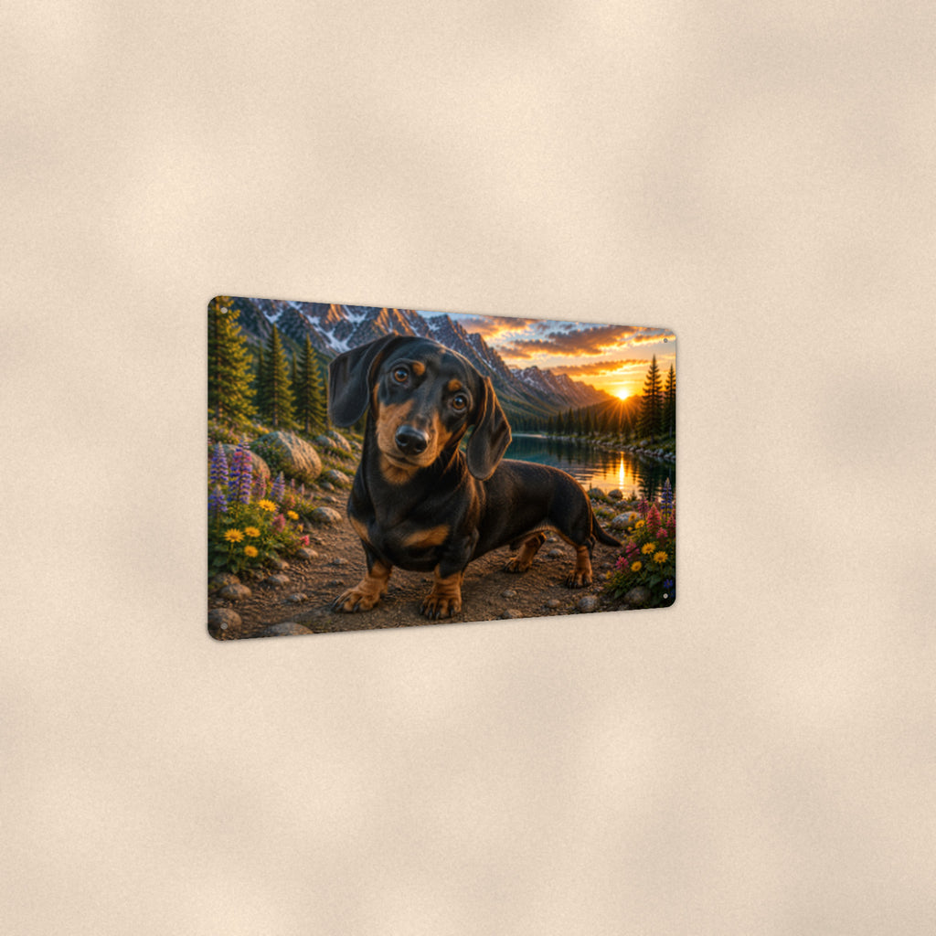 Dachshund at the Lake aluminum metal sign 12" x 8" - angled view showing glossy finish