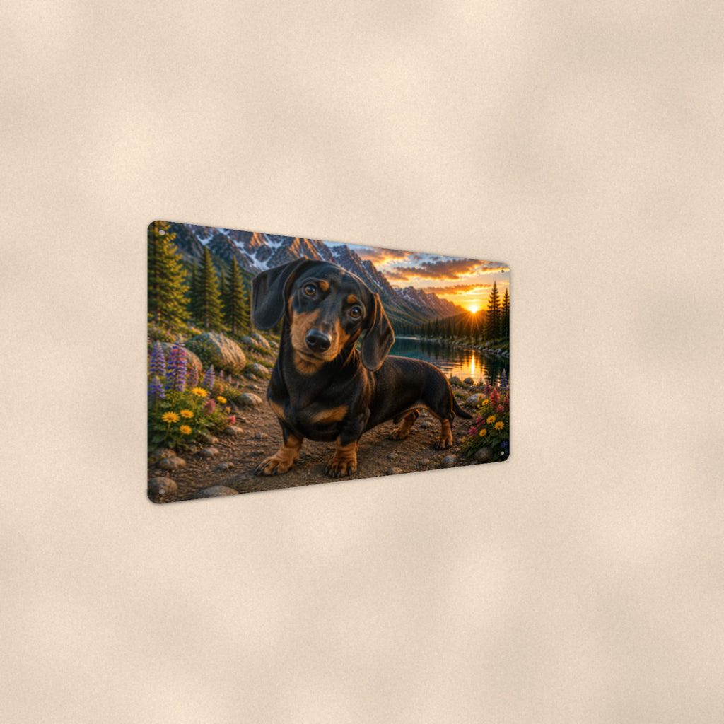 Dachshund at the Lake aluminum metal sign 12" x 8" - angled wall view from a wider angle