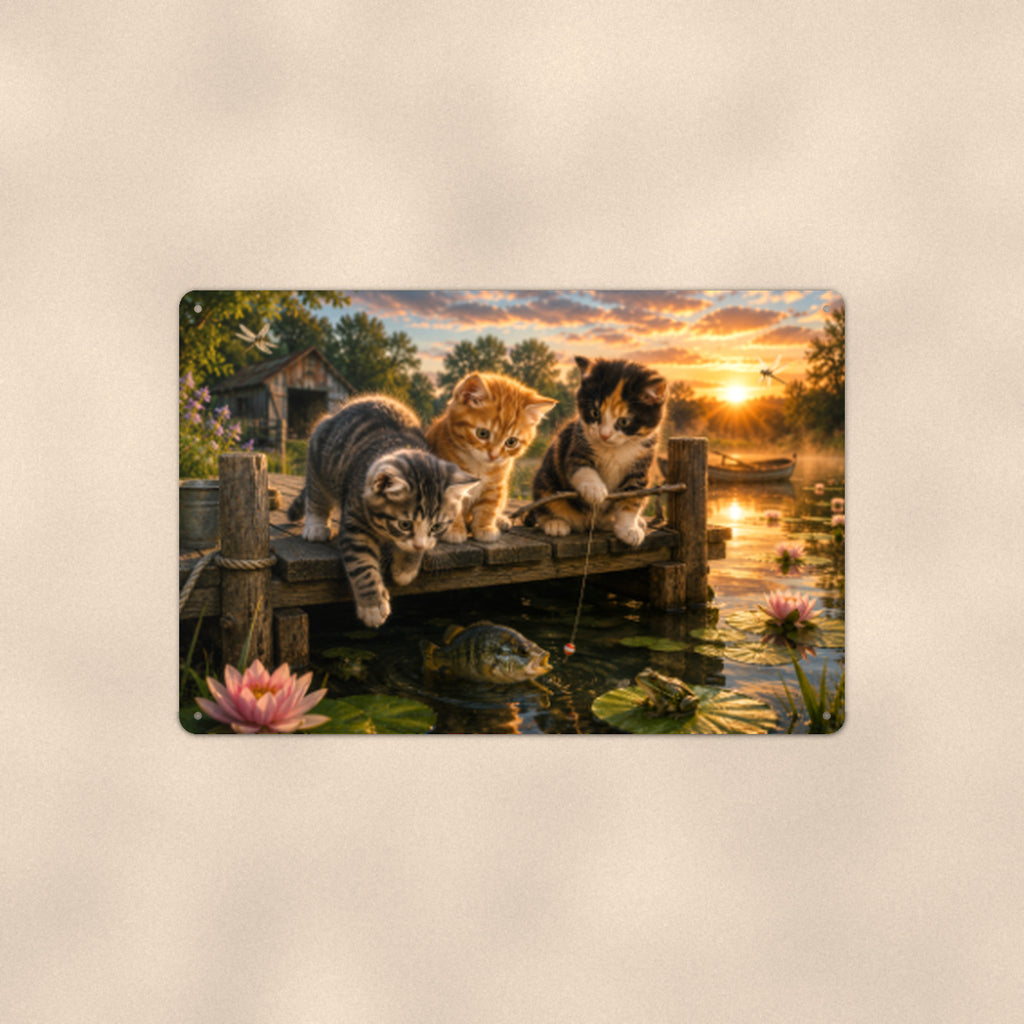 Kittens Fishing off the Dock aluminum metal sign 12" x 8" - front view on warm wall