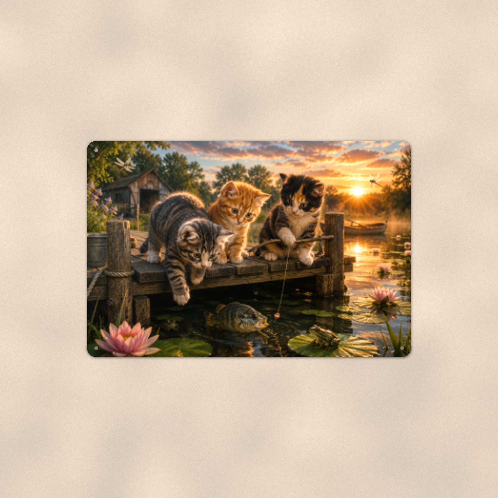 Kittens Fishing off the Dock aluminum metal sign 12" x 8" - front view on warm wall