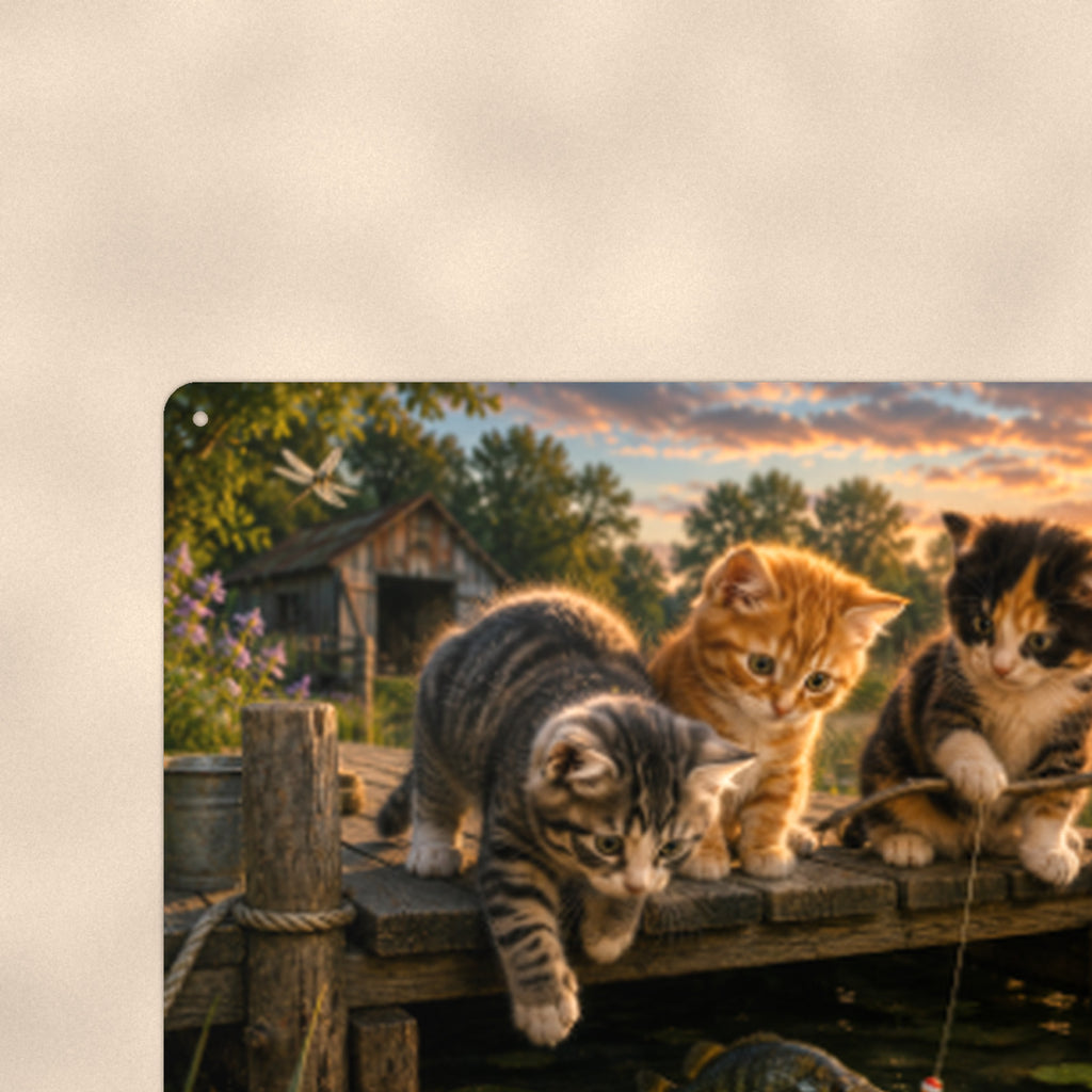 Kittens Fishing off the Dock aluminum metal sign 12" x 8" - close-up view of the printed artwork