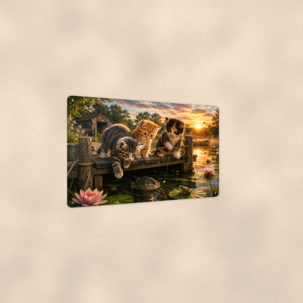 Kittens Fishing off the Dock aluminum metal sign 12" x 8" - angled view showing glossy finish